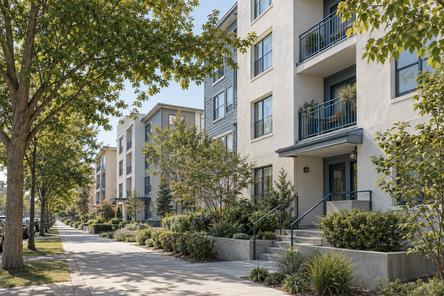 Illustrative exterior of low-rise residential buildings along a leafy public sidewalk