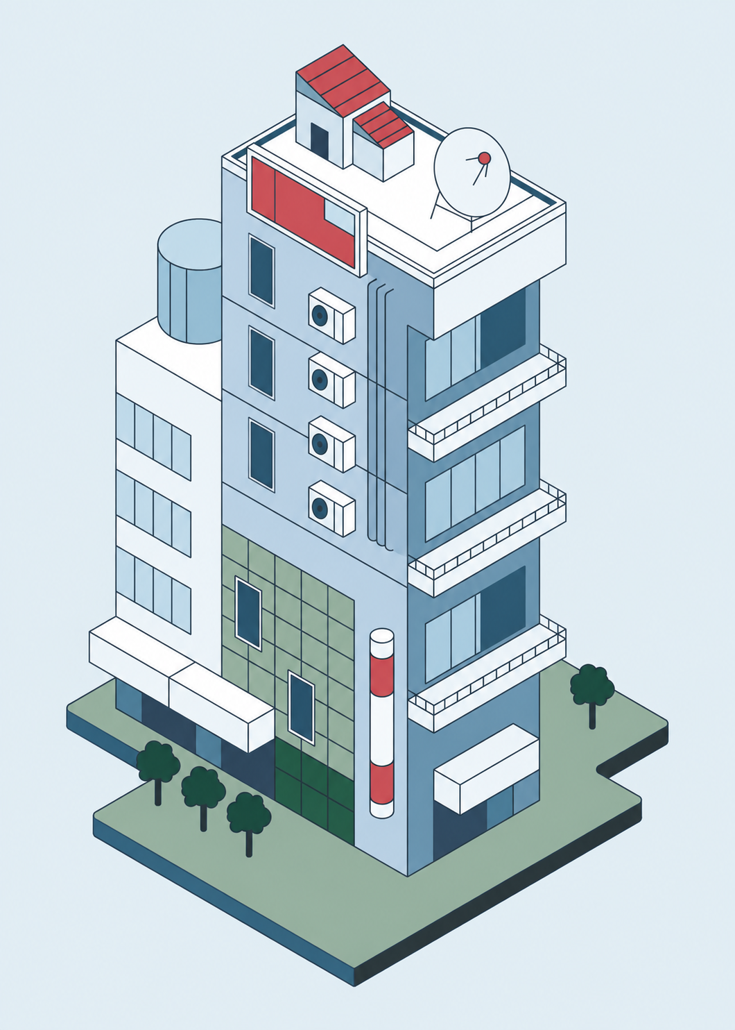 Architectural illustration of a residential building in blue, sage, and red