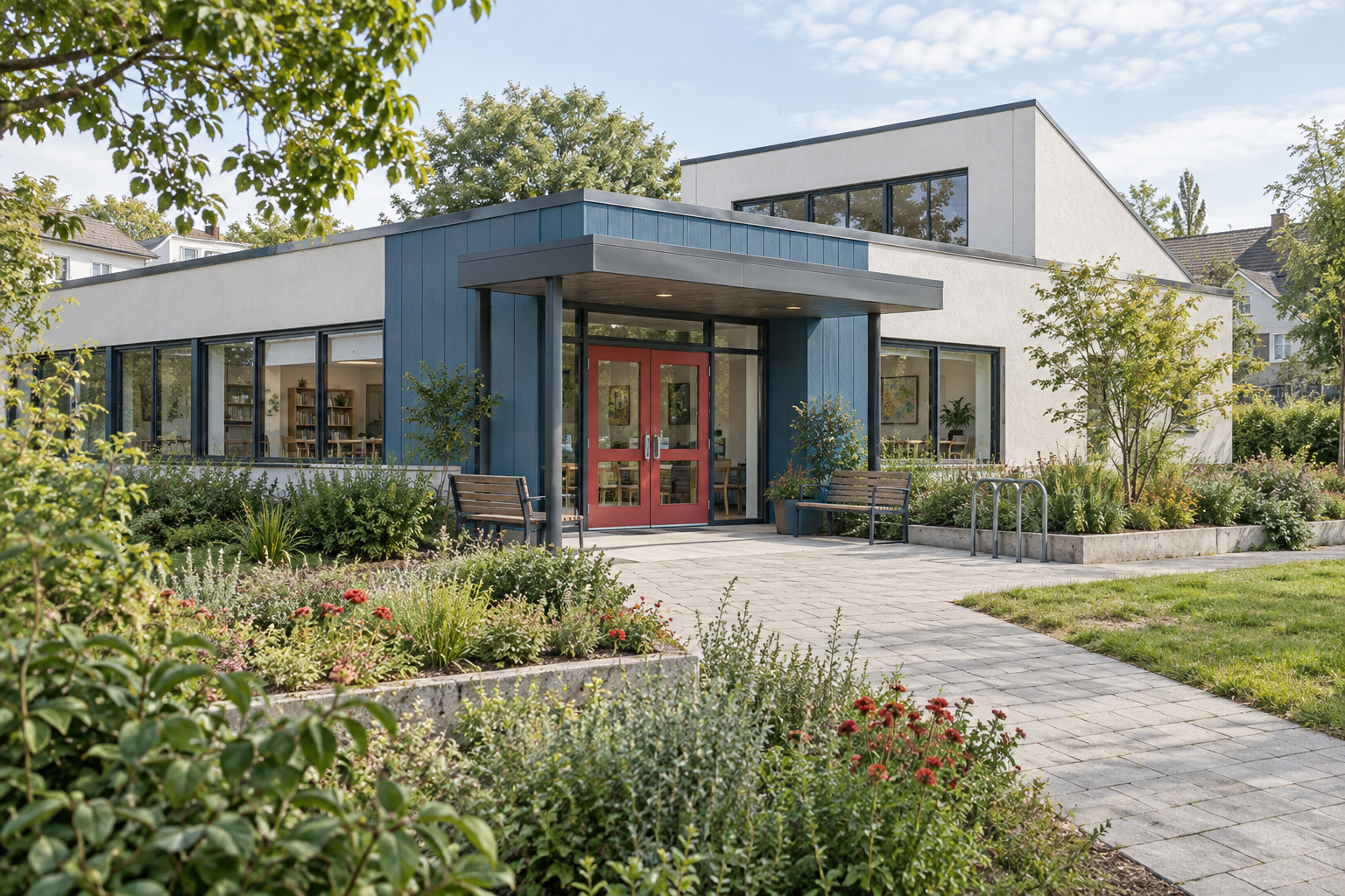 Illustrative neighborhood community building with a garden and welcoming entrance