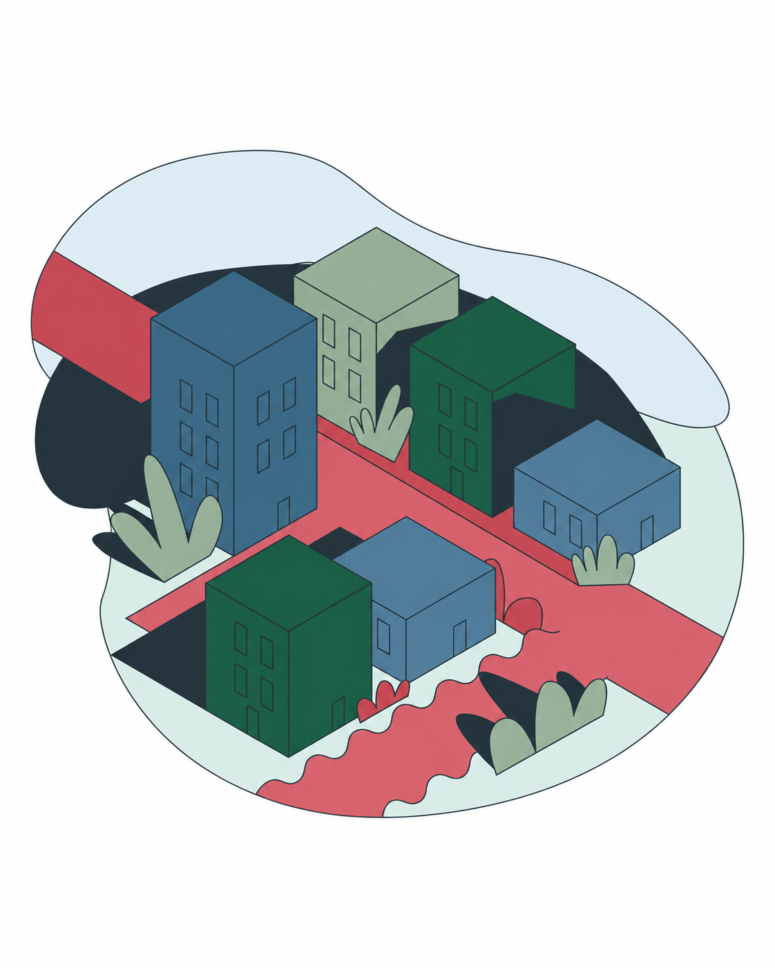 Illustration d’immeubles de quartier reliés par des chemins communs